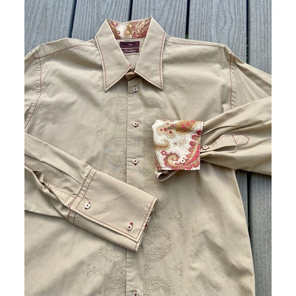 Zara Men’s XL Embroidered Paisley Dress Shirt Beige Cotton Contrast Cuff Turkey - Picture 10 of 16